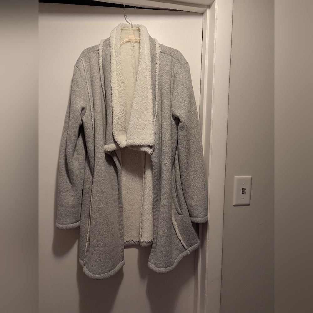 LOFT Gray and Cream Open-Front Cardigan